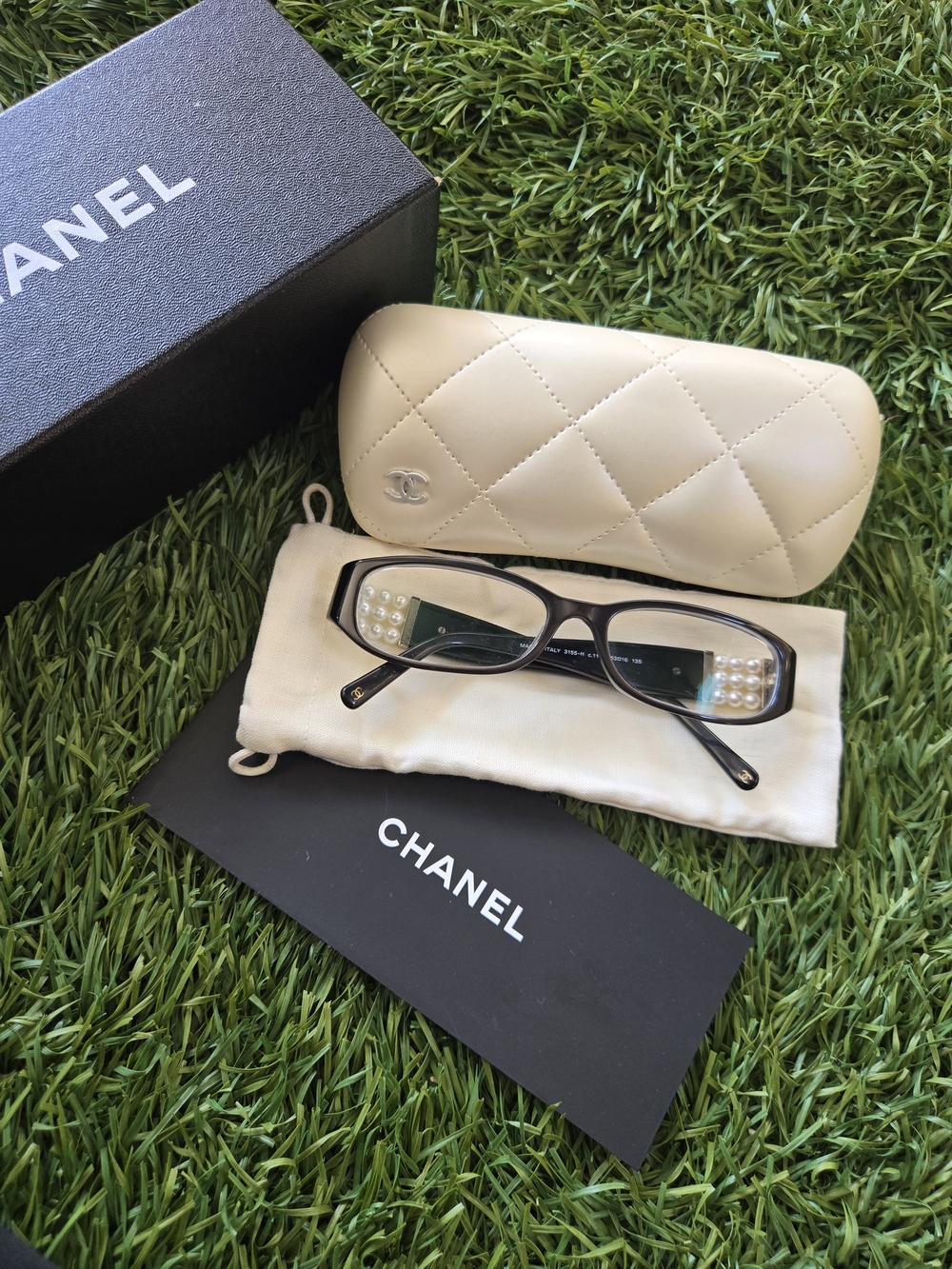 CHANEL Black Rectangular Glasses with Pearl Embellishments